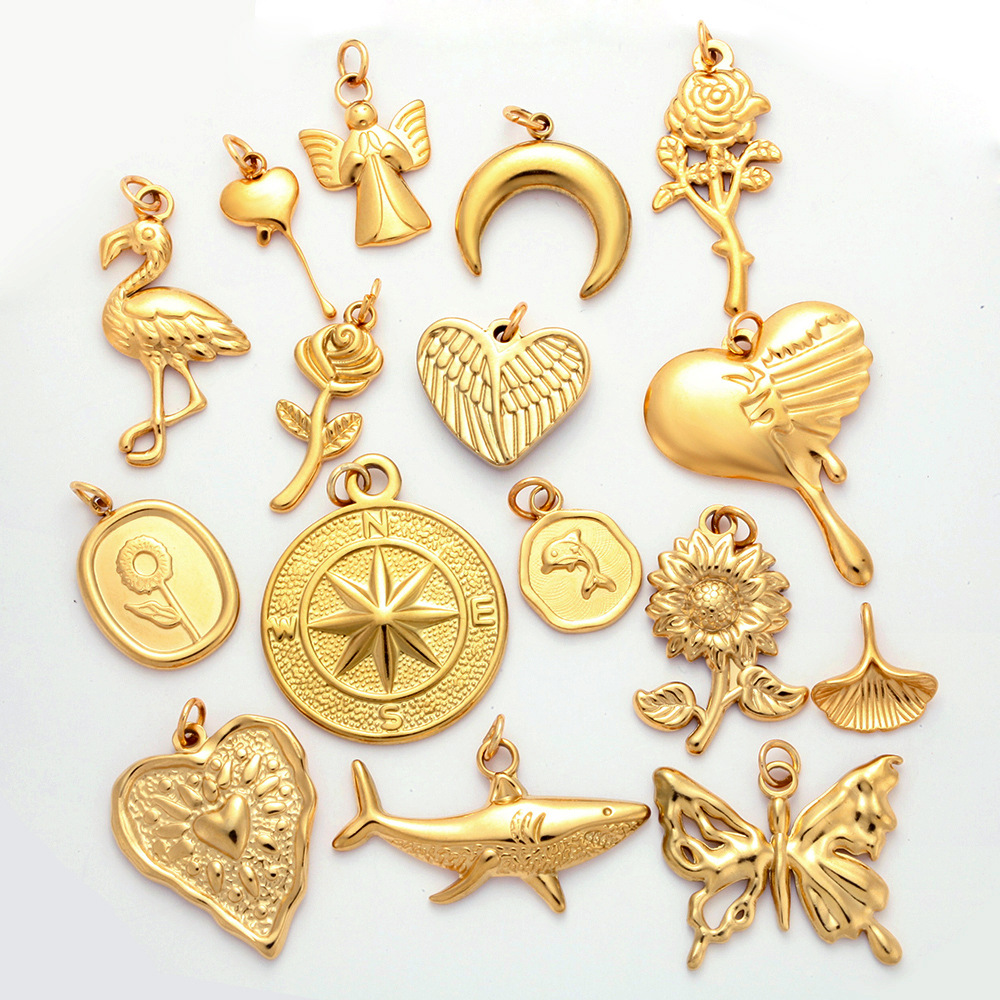 2g Weight 1 Piece 304 Stainless Steel PVD Coated Real Gold Plated Sunflower Compass Shark Polished Pendant DIY Jewelry Accessories