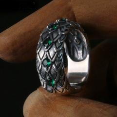 Men's 925 Silver Ring with Green Crystal Snake Scale Silver Jewelry Snake Pendant Bold Index Finger Ring INS Unique Trendy Girl
