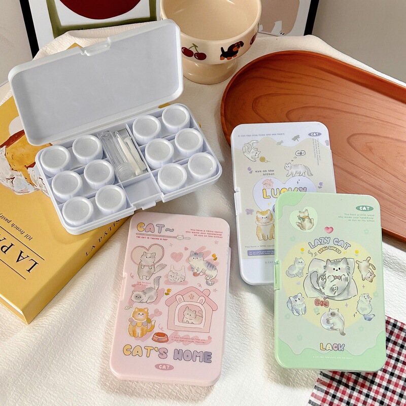 Ins Style Hand-Painted Cat Contact Lens Box with Mirror, Companion Care Box, Contact Lens Box As970 Six-Pack