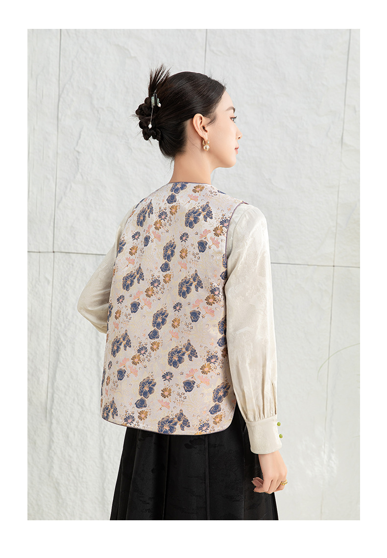 Áo vest cách tân Trung Quốc nữ satin cổ điển, tay loe, khuy cài nút vải — Màu tím sâm panh chi tiết 23