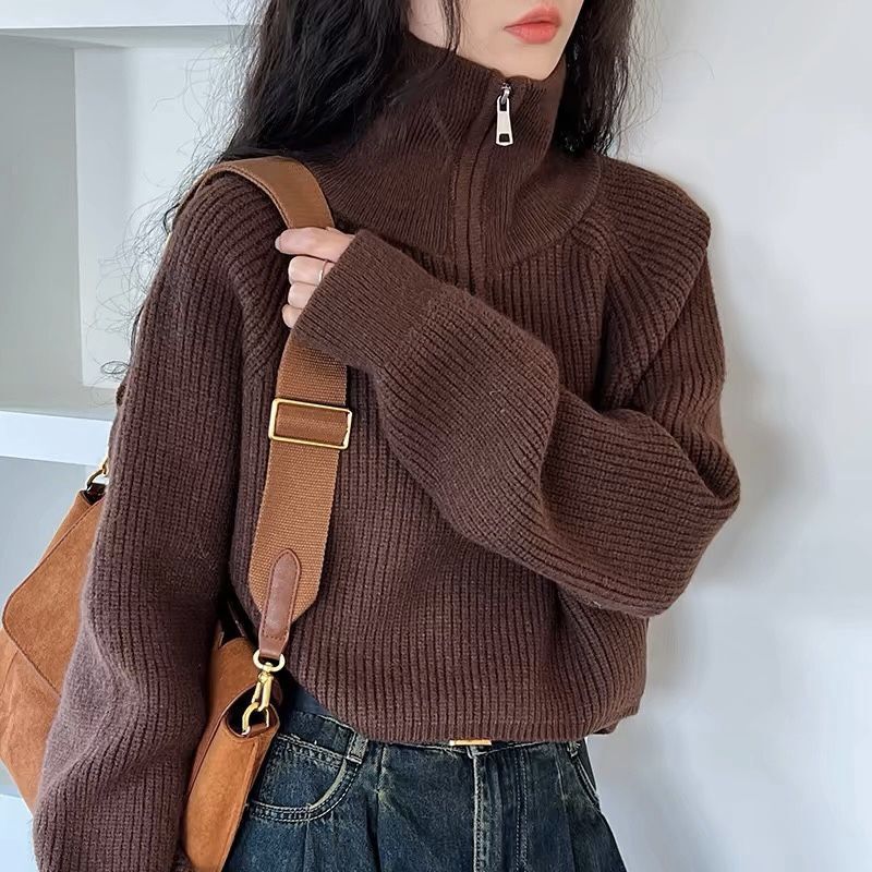 半拉链立领红色毛衣女秋冬2025新款韩版宽松慵懒风针织衫翻领上衣|undefined
