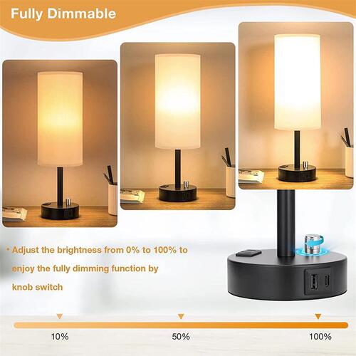 American-style small table lamp, minimalist modern touch with three-level dimming, round with USB-C port socket, bedroom bedside lamp