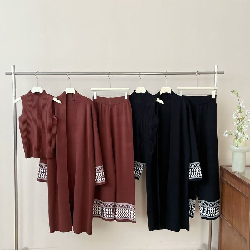 European and American fashion casual autumn and winter suit new temperament knitted sweater shawl three-piece wide leg pants
