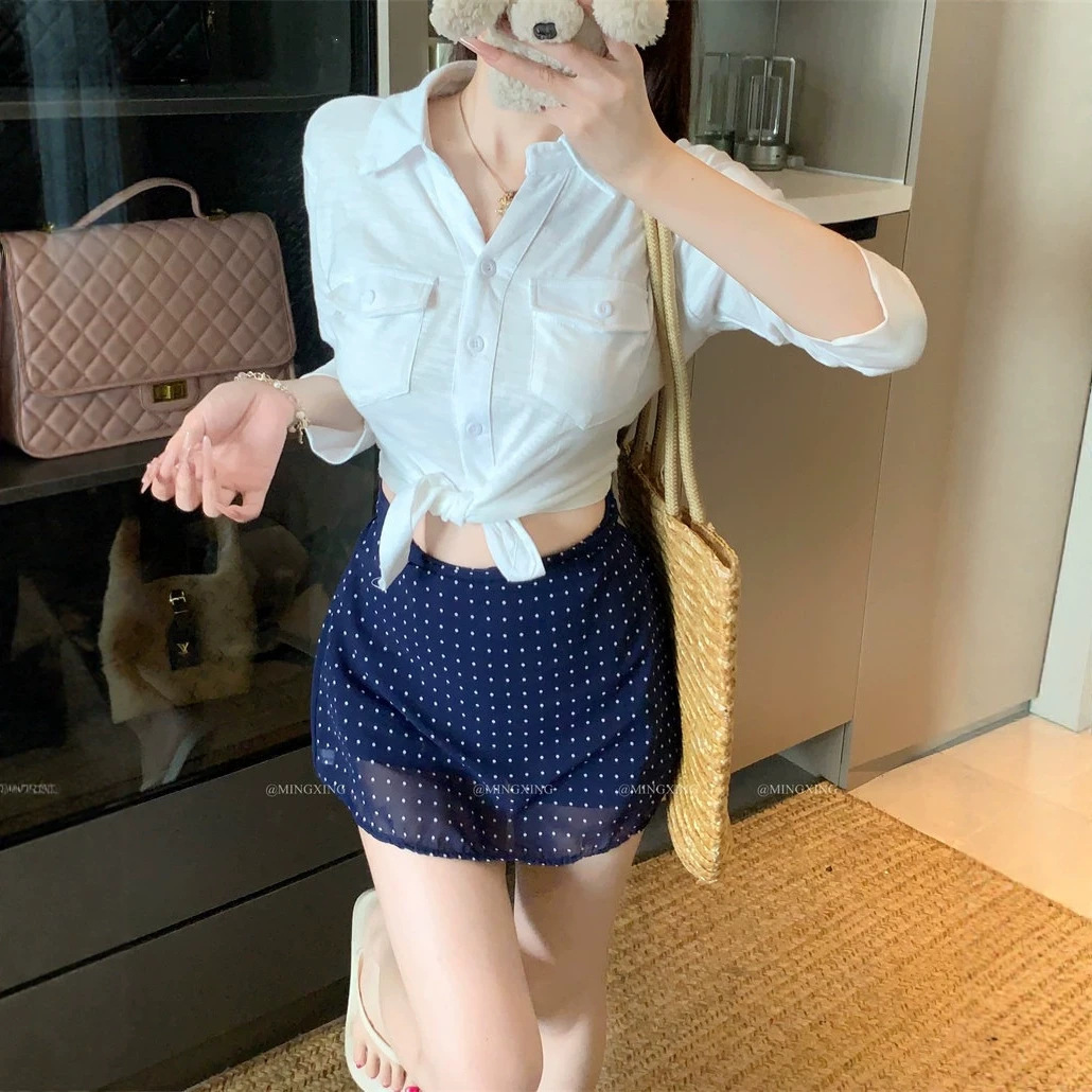 Pure Cotton French-Style White Polo Collar Three-Quarter Sleeve Shirt for Women, Summer Short Waist-Cinching Polka Dot Design, Hip-Hugging Skirt Two-Piece Set
