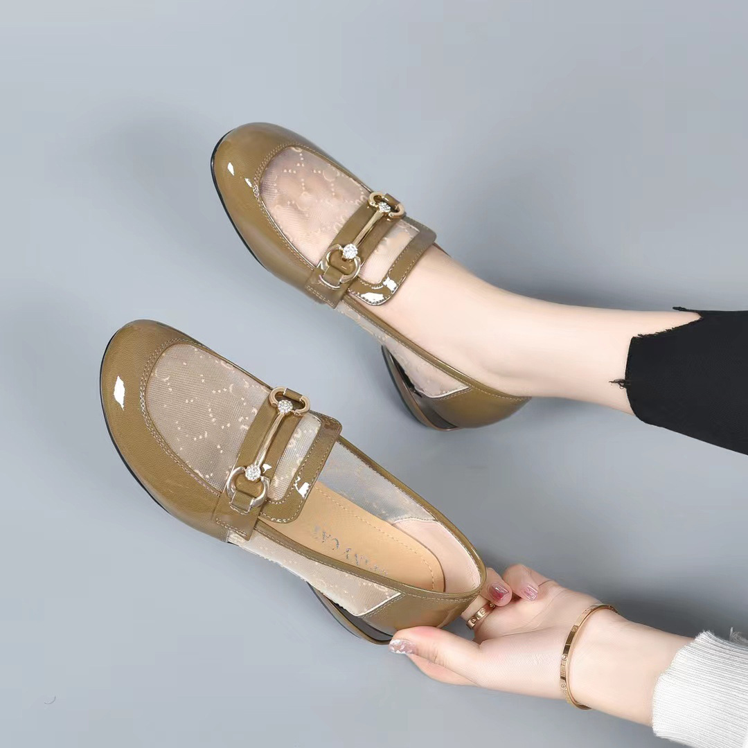 Sandal nữ quai chữ V đế thấp da mềm lưới thoáng khí kiểu Anh — Màu đen chi tiết 7