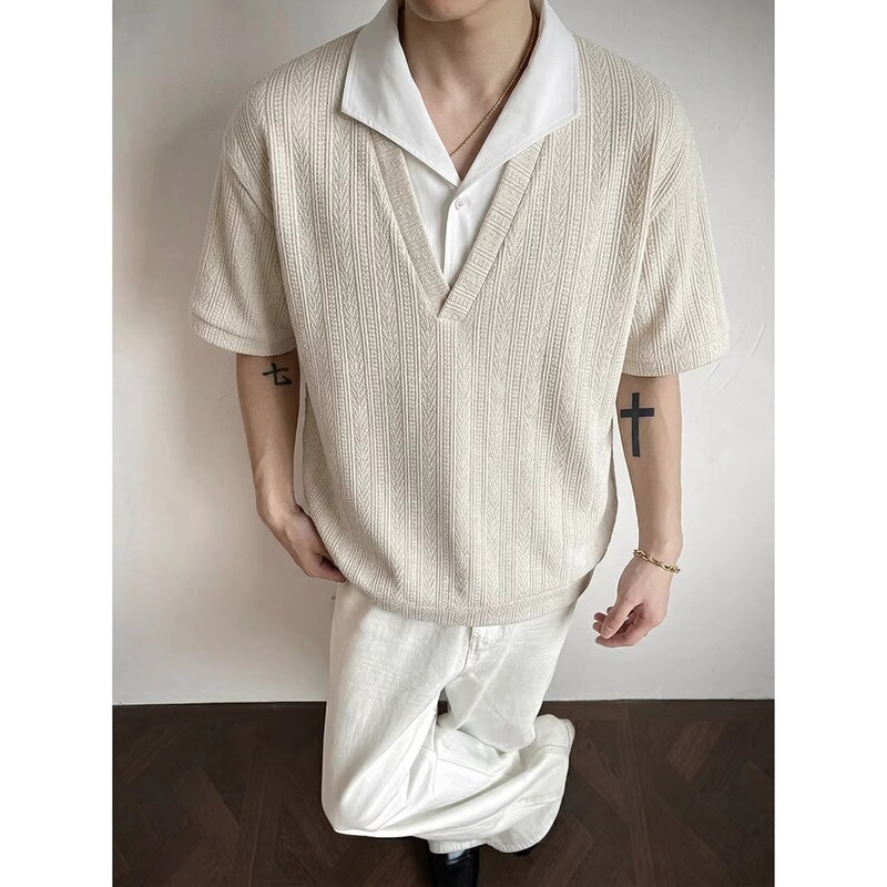 Old Money Style Faux Two-Piece Wheat Pattern Polo Collar Short-Sleeve T-Shirt for Men, Summer Trendy Heavy-Duty Half-Sleeve Shirt Collar Top Old Money Style Faux Two-Piece Wheat Pattern Polo Collar Short-Sleeve T-Shirt for Men, Summer Trendy Heavy-Duty Half-Sleeve Shirt Collar Top