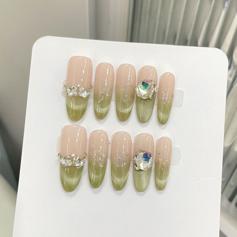 Yihe Wearable Nails [Clear Guava] Matcha Green Smile Cat Eye Gradient Diamond-Encrusted Removable Manicure Fake Nails