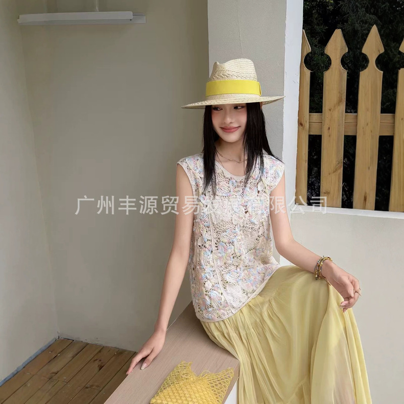 Summer new style high-end elegant sweet crochet hollow sleeveless vest for women, fashionable layered top