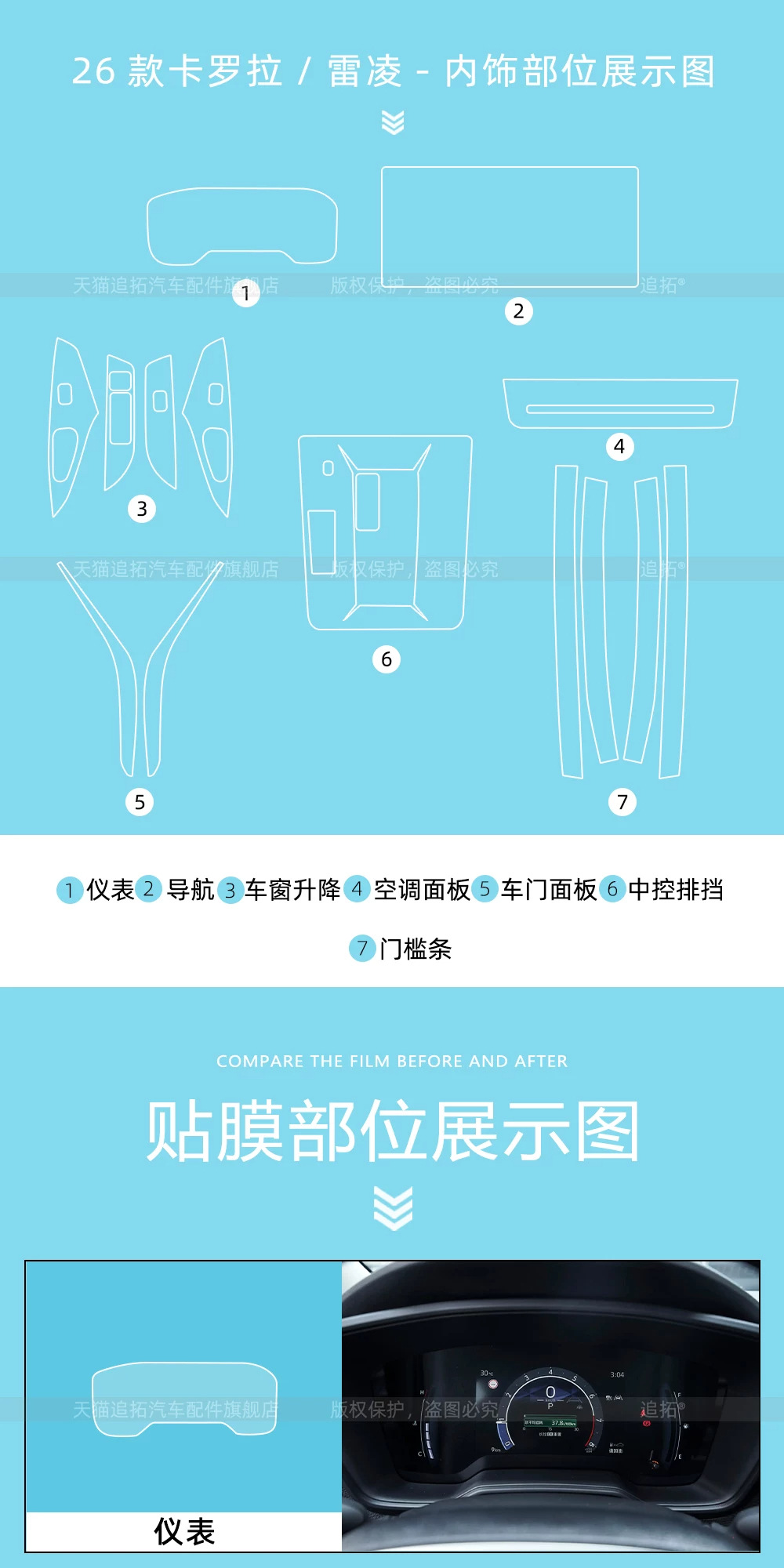 Suitable for 26 models of Toyota Corolla: interior protective film, dashboard and center console display screen tempered glass film, and modification accessories