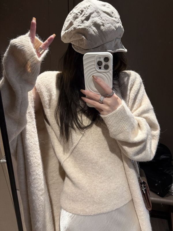法式时尚针织套装女2025秋冬新款蕾丝拼接针织背心＋开衫两件套|undefined