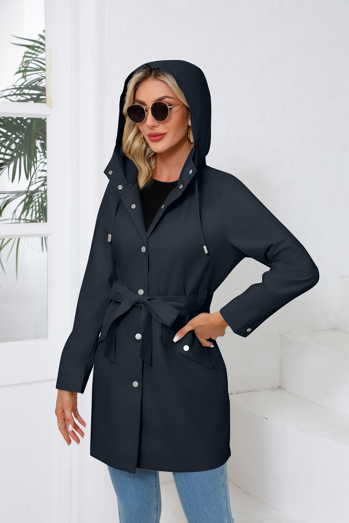 Women's Clothing Spring and Autumn Hooded Water Repellent Jacket with Belt Thin Casual Loose Windbreaker _voghion.com