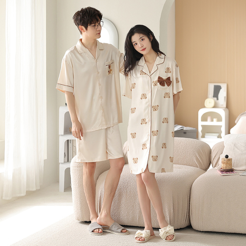 Ice Silk Couple Pajamas Summer High-end Sense Sexy Slip Skirt Nightgown Thin Short-sleeved Silk Men's and Women's suit