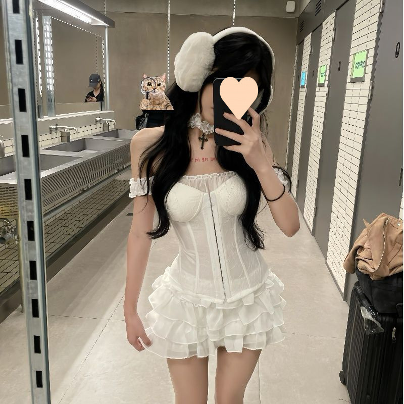 夏季高级感新款设计感小心机一字肩短袖纯欲蕾丝拼|undefined