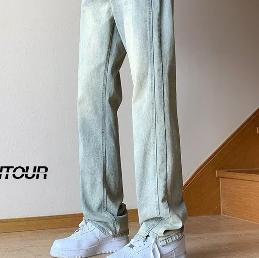 2024 pantalones vaqueros de primavera y otoño para niños pantalones rectos de color claro teñidos de barro amarillo retro, pantalones casuales de trapeador americano de moda