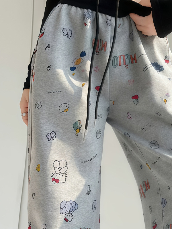 女童秋款卡通手绘涂鸦卫裤 宝宝阔腿长裤子弯刀裤慵懒宽松休闲裤|undefined