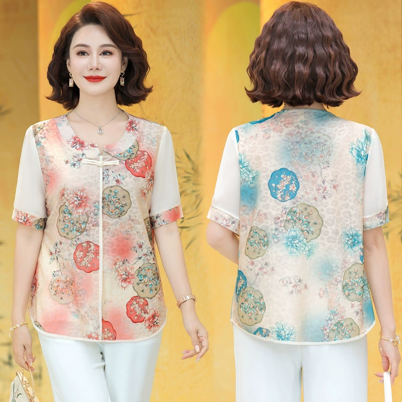Летние топы с короткими рукавами для женщин среднего и пожилого возраста, модные летние футболки с принтом для мам, новые шифоновые рубашки 2025 года.
