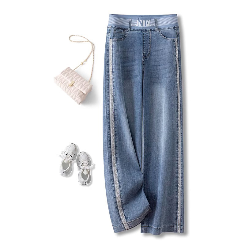 Elastic Waist Wide-Leg Jeans for Women, Thin Autumn 2025 New Style, Loose Nine-Point Straight Pants, Petite Eight-Point Pants