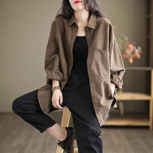 日韩外贸尾货复古纯棉衬衫外套女士秋季休闲宽松大码长袖开衫衬衣