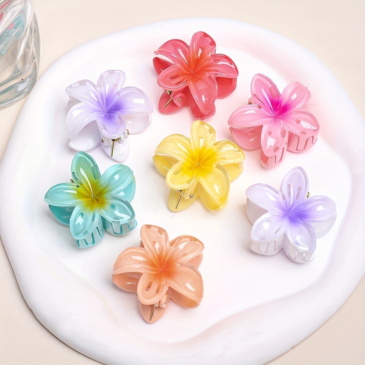 cross-border hot sale plumeria rubra barrettes transparent gradient flower barrettes back head loose clip grip temperament shark clip