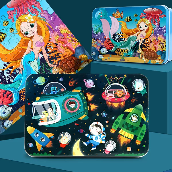 9 Pieces, 30 Pieces, 60 Pieces, 100 Pieces Wooden Iron Box Puzzle Wooden Jigsaw Puzzle Children's Enlightenment Early Education Matching Educational Toys