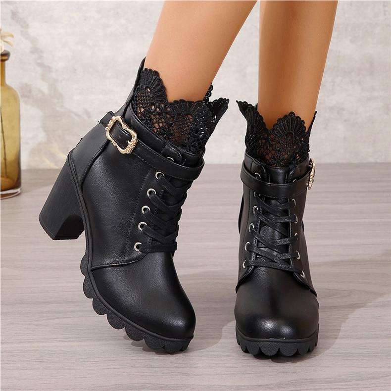 Short with belt buckles, high heels, round toe, lace straps, back zipper, thick soled women's boots_voghion.com