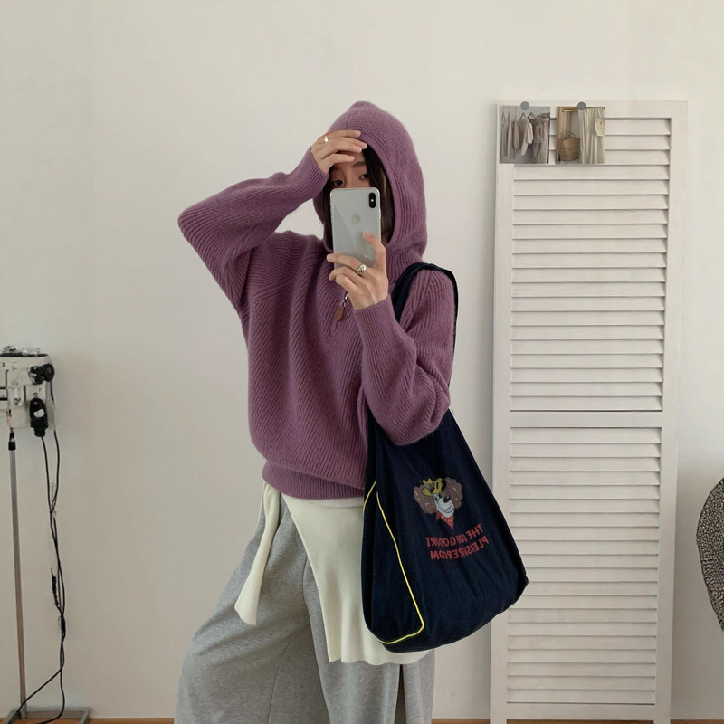 韩系百搭高级感超好看的套头连帽毛衣女秋冬新款内搭帽衫针织上衣|undefined