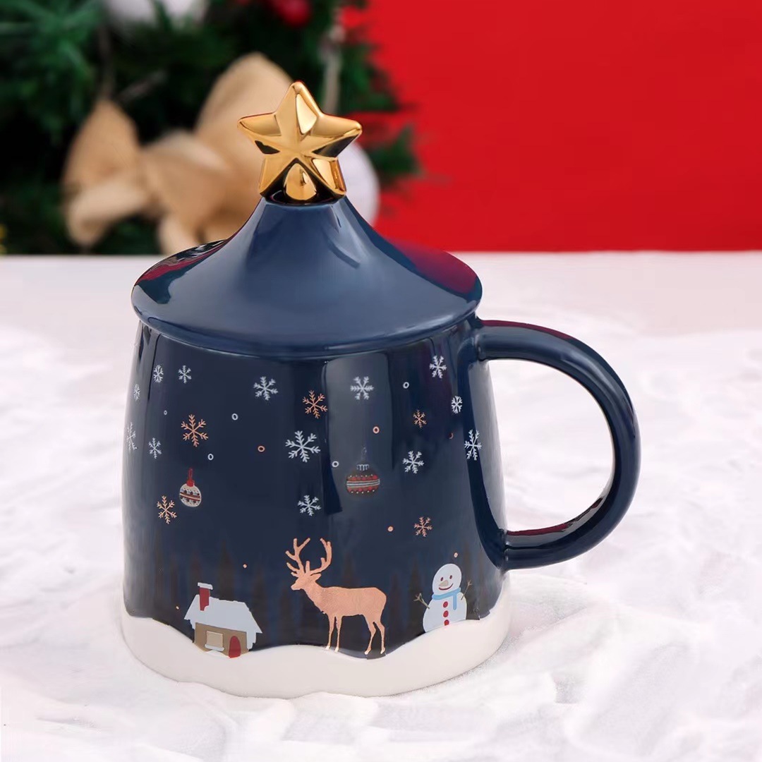 Estilo nórdico estrella de cinco puntas taza de Navidad de cerámica Vista de nieve viejo Elk color esmalte taza de café regalo personalizado taza