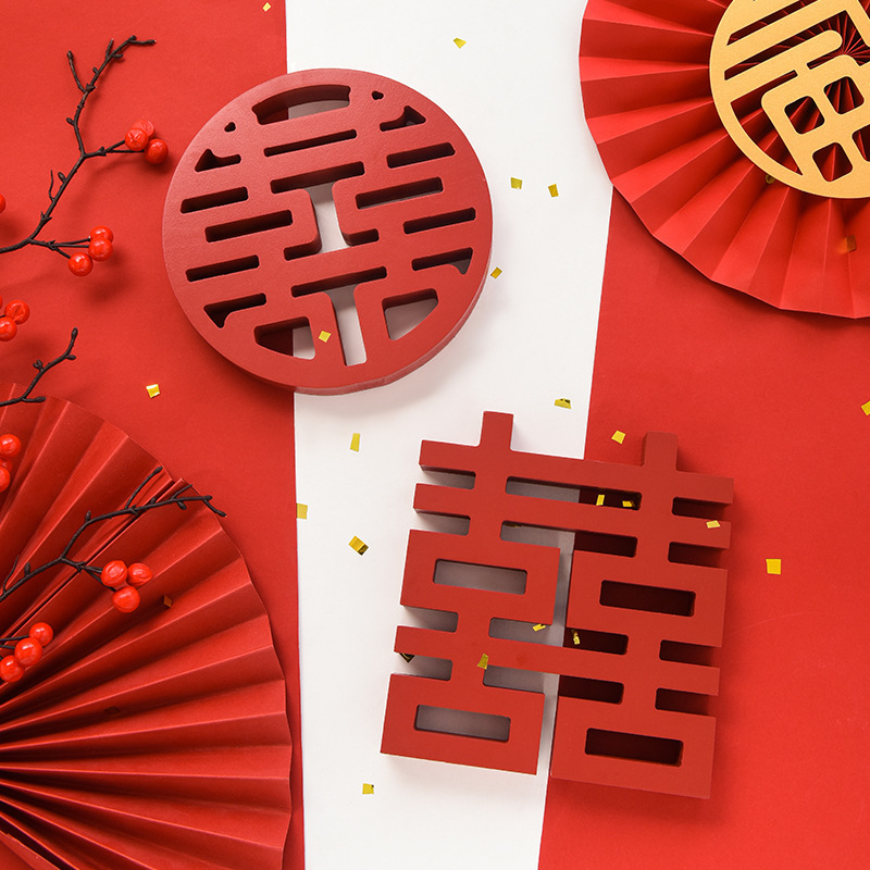立体喜字木质摆件结婚订婚宴摆台布置装饰大蒜图摆件婚房卧室装饰