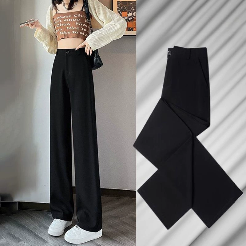 Black suit, autumn demi-season long trousers, high waist, loose straight fit