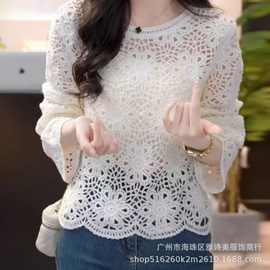 春季高级慵懒感提花镂空钩花针织衫女新款宽松时尚舒适长袖上衣潮