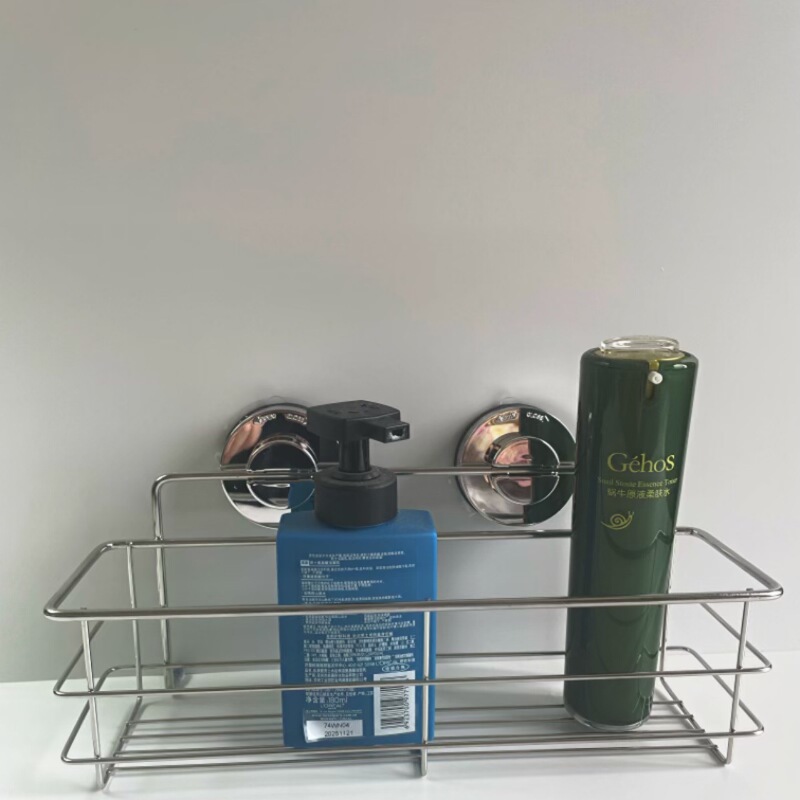 No-Drill Stainless Steel Storage Rack, Adhesive Bathroom Cosmetic Storage Basket Suction Cup Storage Rack