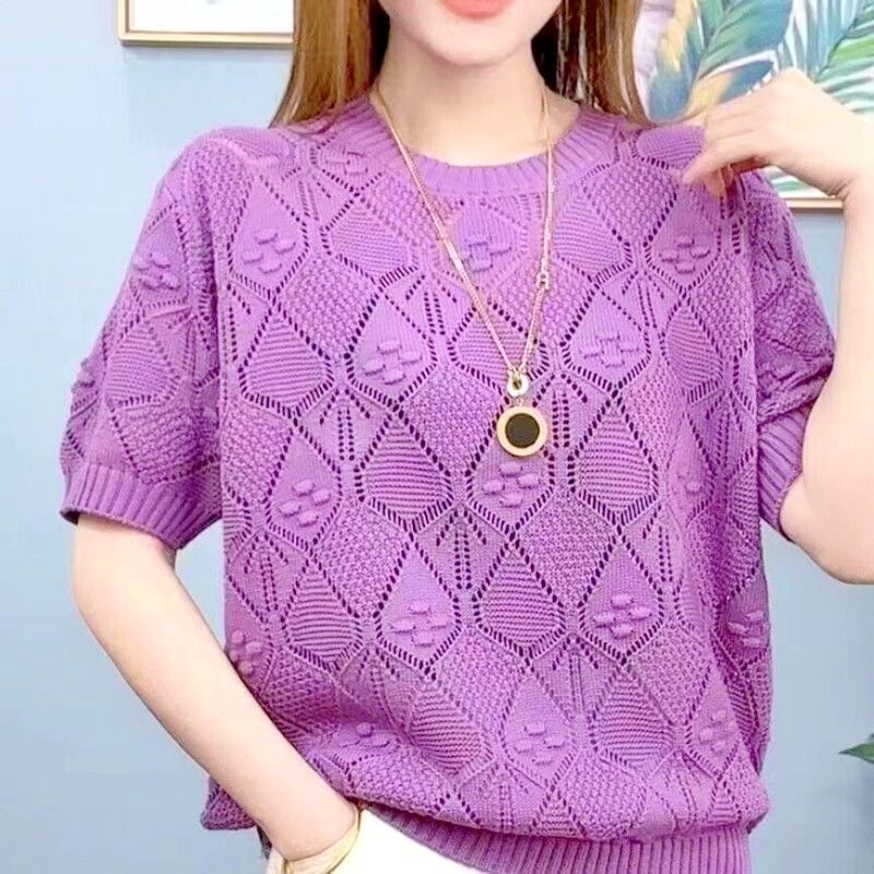 150kg Mint Mambo Dopamine Hand-Knitted Sweater Hollow Out Women's T-Shirt Short Sleeve Plus Size Knitwear Summer 150kg Mint Mambo Dopamine Hand-Knitted Sweater Hollow Out Women's T-Shirt Short Sleeve Plus Size Knitwear Summer
