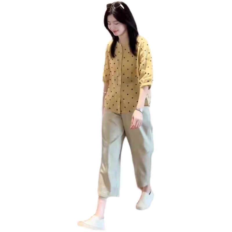 女性のための夏の新鮮な服装 2025 新しいカジュアル水玉シャツトップスルーズワイドレッグパンツ年齢軽減スーツ|undefined