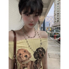 Pure Lust ワンショルダー パピープリント 半袖 Tシャツ レディース 夏 スリムフィット シックで美しいショートトップス イン