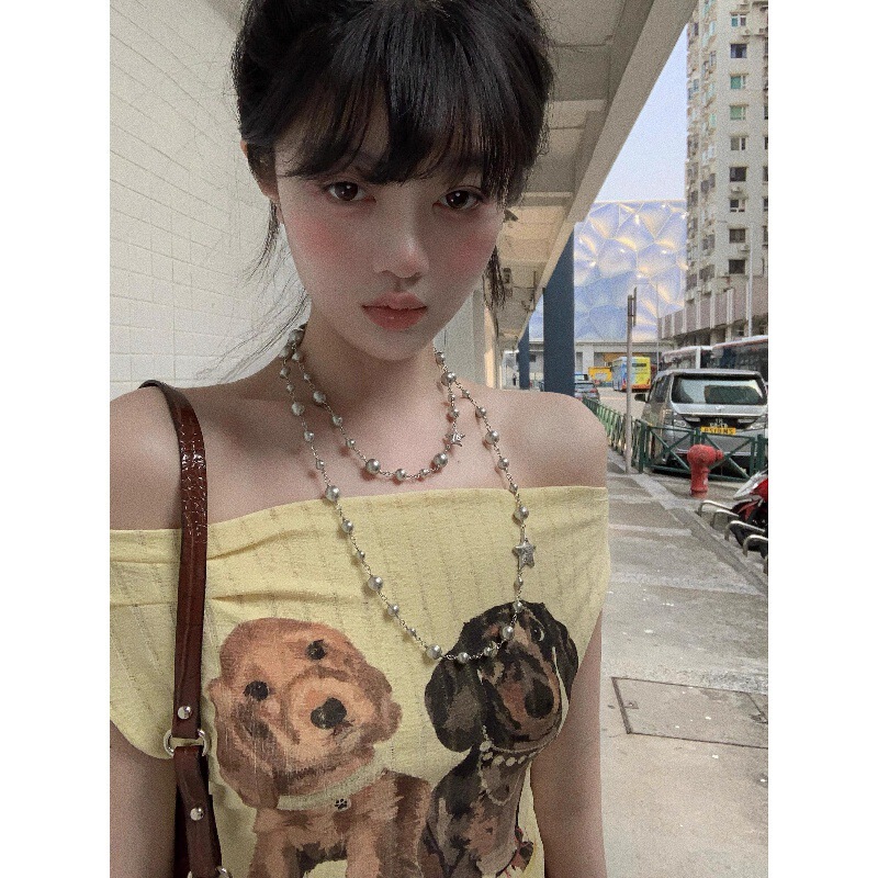 Pure Lust ワンショルダー パピープリント 半袖 Tシャツ レディース 夏 スリムフィット シックで美しいショートトップス イン|undefined
