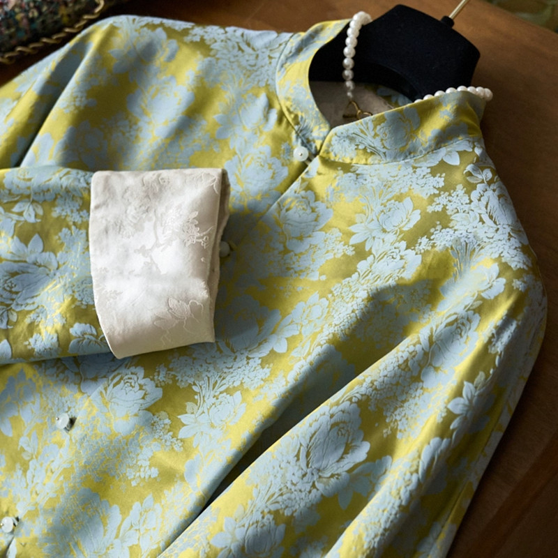 Abbigliamento da donna molto elegante N merci floreale jacquard giada bottone colletto alto seta elegante giacca chic_voghion.com
