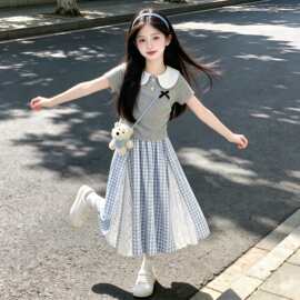 女童短袖格子裙套装2026新款夏季儿童卡通娃娃领T恤半身短裙甜美8