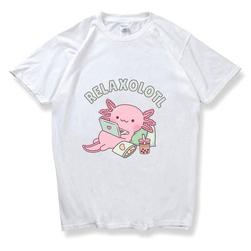 Summer Axolotl Boba Milk Tea T-Shirt for Men and Women, Casual Sports T-Shirt, Couple's Cotton Short Sleeve