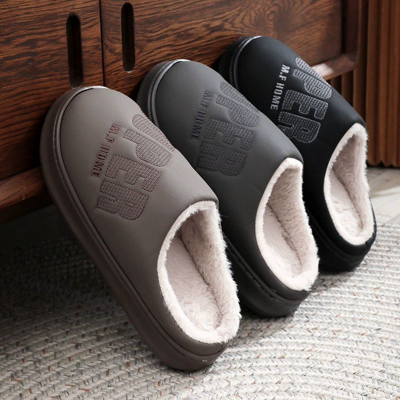 Хлопчатобумажные тапочки мужские зимние PU водонепроницаемый плюс размер тапки с толстым подошвом для домашнего обиона легкая теплая большая