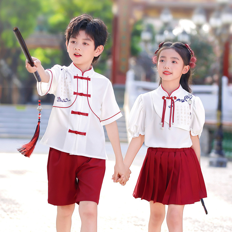 여름 세트 단결 민족 스타일 여름 통기성 경량 더블 브레스트 유치원 정원 의류 공연 의류 교실 유니폼
