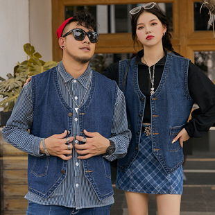 X7080 | Large size men's autumn new couple denim vest simple casual vest loose denim coat men