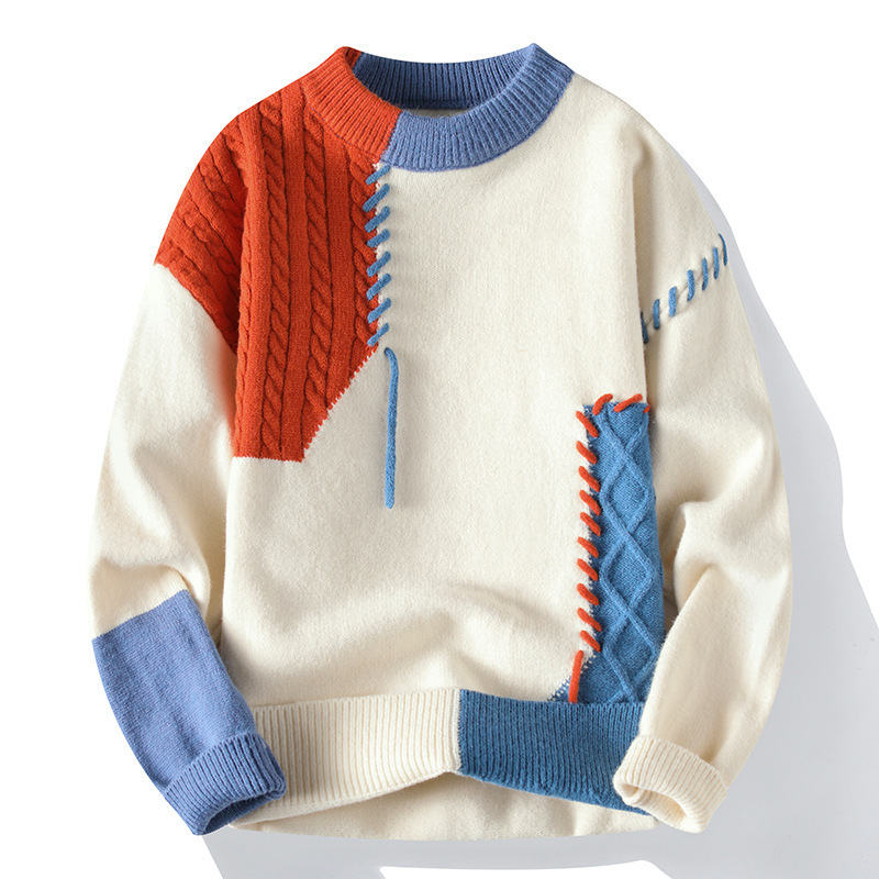 2024 autumn and winter new stitching contrast color sweater men's tide brand thick warm knit shirt base shirt AliExpress 2024 autumn and winter new stitching contrast color sweater men's tide brand thick warm knit shirt base shirt AliExpress