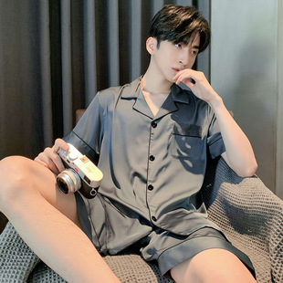2025 Summer Men's Pajamas Ice Silk Cool Feeling Casual Short Sleeve Shorts Thin Home Clothes Large Size Lapel Suit