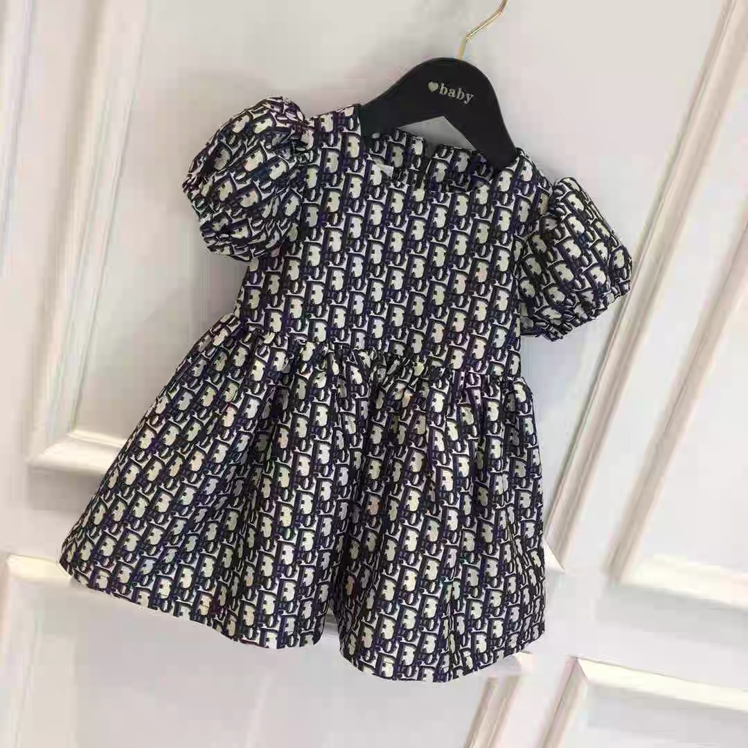 Girls' Lettered Vintage Dress Summer New Puff Sleeve Princess Dress Korean Style A-Line Dress Baby Fashion Children's Clothing