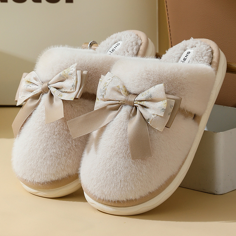 Zapatillas de algodón de felpa para el hogar de otoño e invierno, felpa con lazo de estilo nacional, fondo cómodo y suave, zapatillas cálidas de confinamiento para parejas, hombres y mujeres
