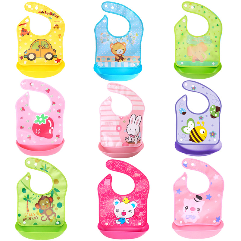 Venta directa de fábrica babero impermeable para bebés y niños, bolsillo para comida desmontable para bebés y niños, babero para comida para bebés