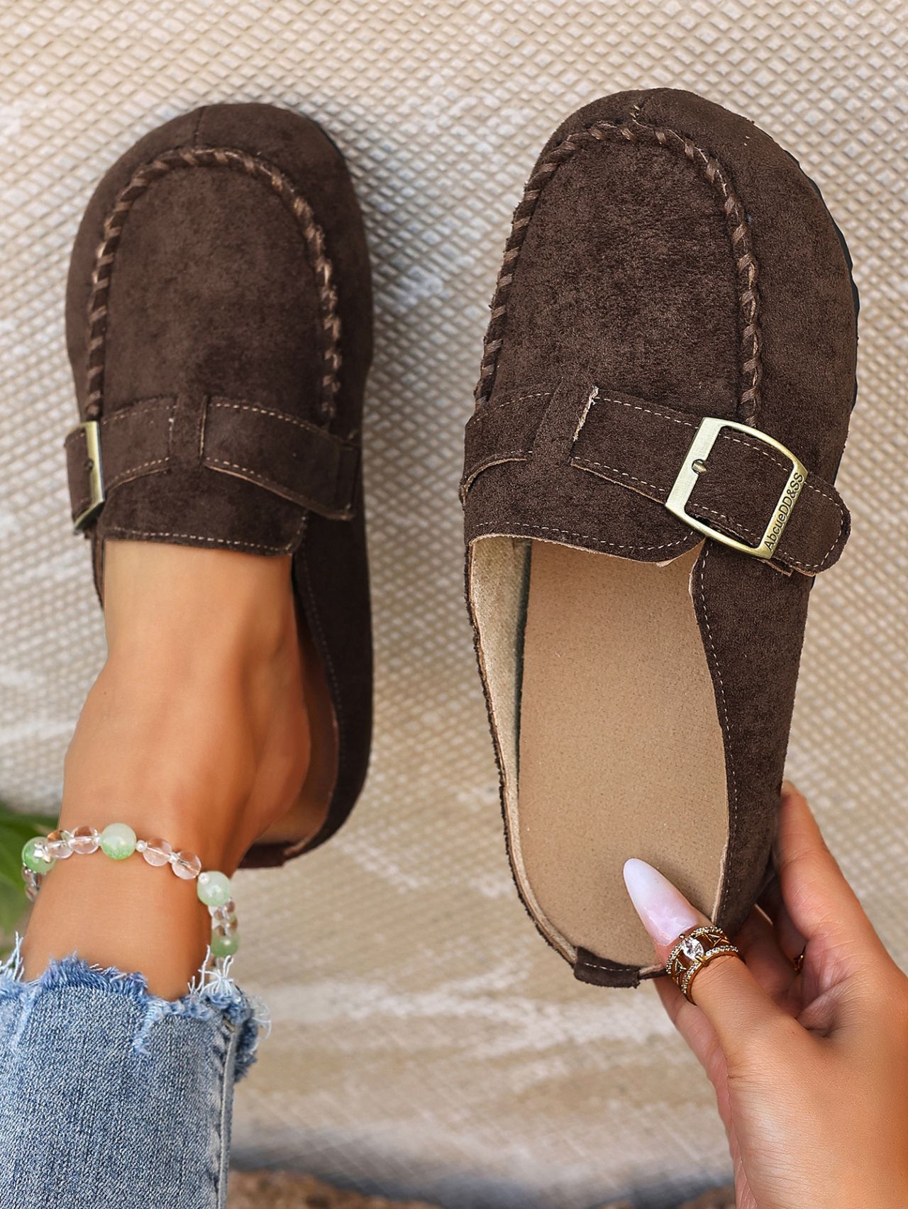 Women's Fleece Lined Bread Toe Slippers Spring Style Thick Sole Retro Buckle Birken Inspired Slippers Size 43_vogvips.com