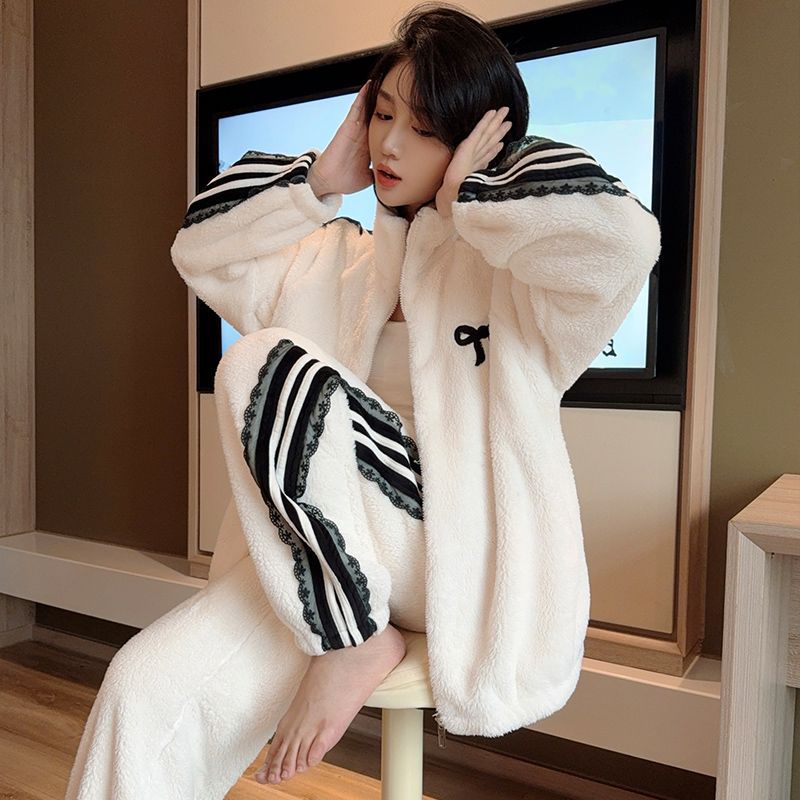 Wholesale Winter Thickened Plush Cotton Pajamas for Women, Sporty Style Cardigan with Zipper, Lace Trim, Fashionable and Sweet Loungewear