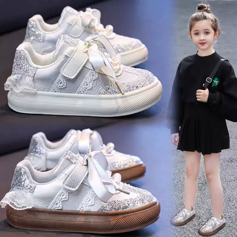 Детские повседневные туфли для девочек с кристаллами и пайетками, весна-осень 2025, новые, нескользящие, на мягкой подошве, белые, для детей среднего и старшего возраста, спортивная обувь