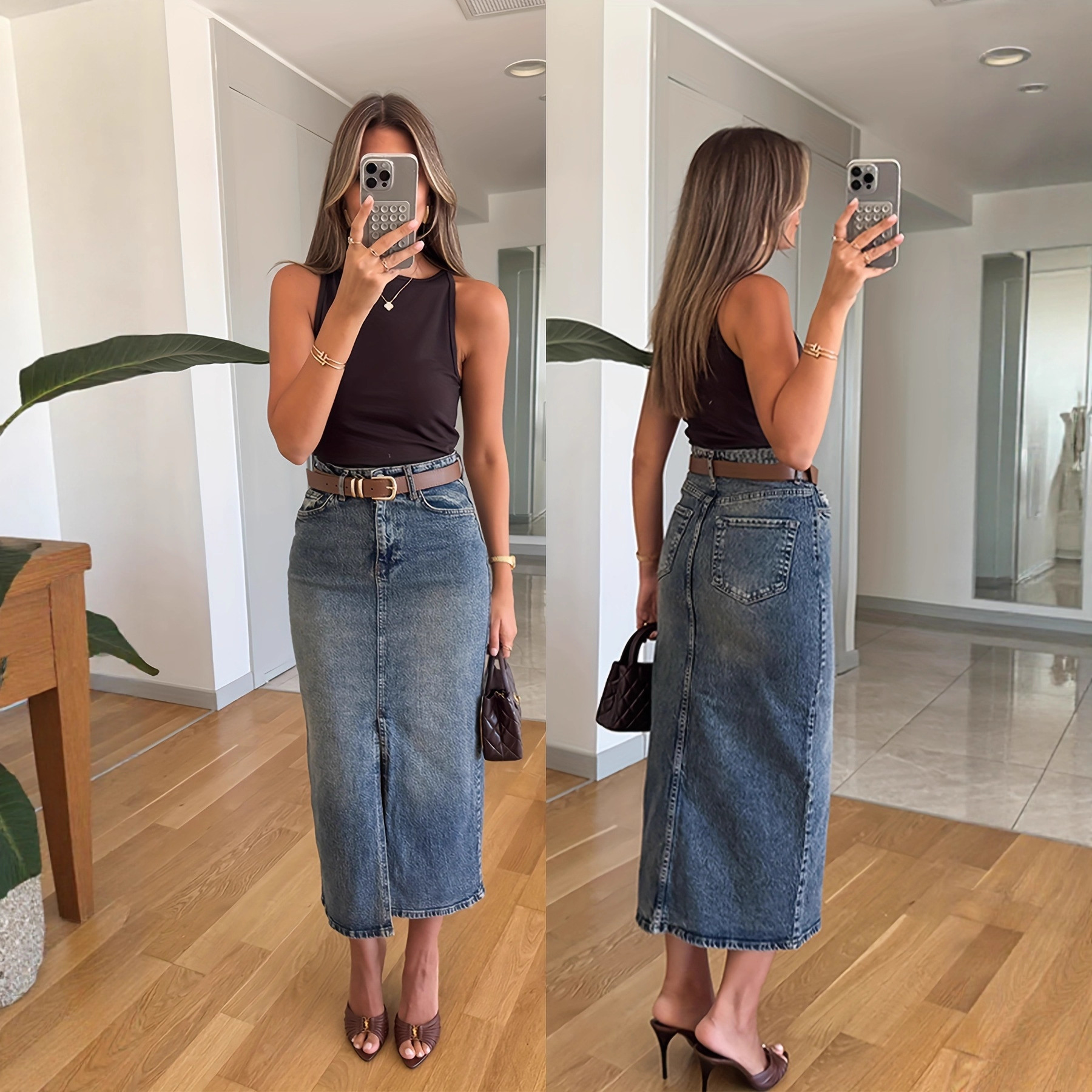 Cross-Border Women's Washed Denim Front Slit Stretch Skirt